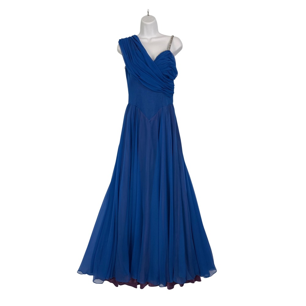Alyce Designs Blue One Shoulder Ruched Chiffon Gown Dress Rhinestone Strap Sz‎ 4
